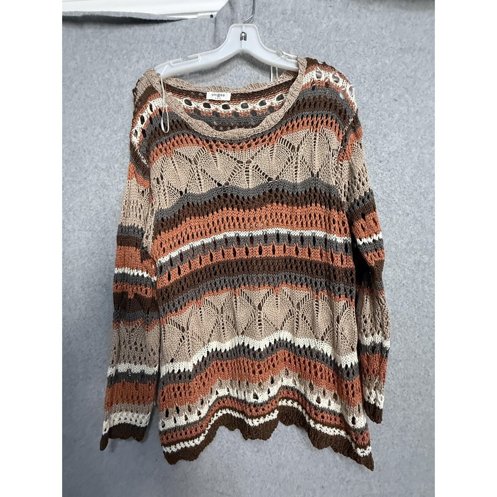 Umgee USA Sweater Womens Large Multicolor Open Crochet‎ Stripe Scoop Neck Knit